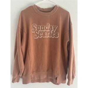 Aerie Sweatshirt Womens Size XXS Sunday Scaries Tan Distressed Oversized Preppy‎